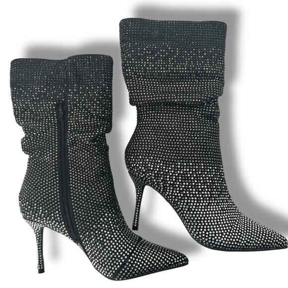 NEW Thalia Sodi Black Silver Rhinestone Boots Size 10 Stiletto Pointed Toe Fancy - Picture 1 of 7